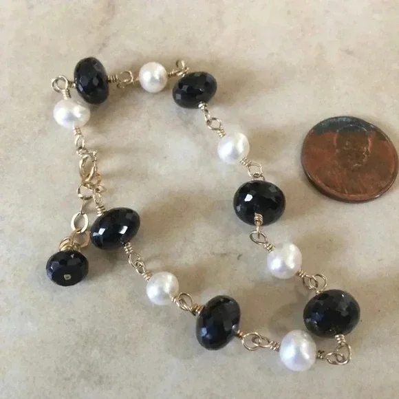 Black Spinel,Black And White,Freshwater Pearl,Minimalist Bracelet, June Birthday - Picture 3 of 3